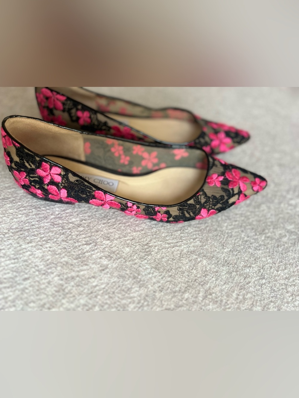 Jimmy Choo Black Lace Flats with Bright Pink Floral Embroidery - Picture 2 of 6